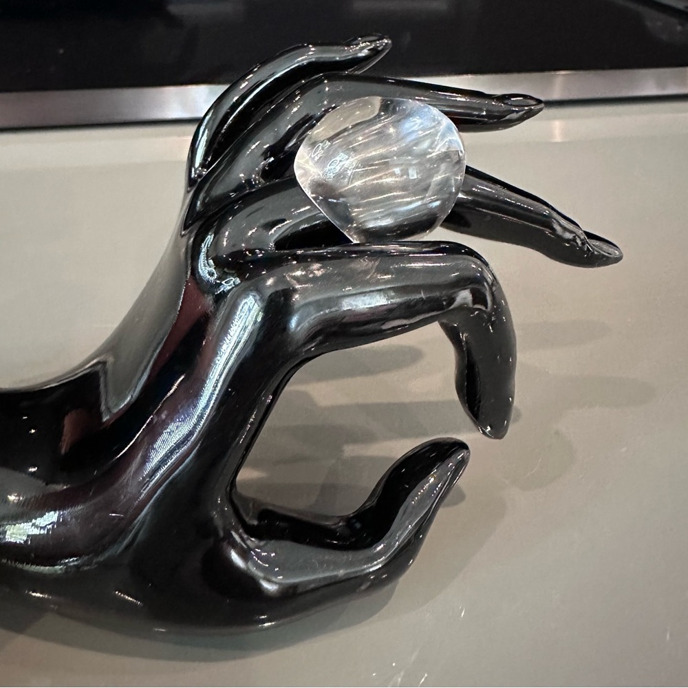 Alexis Bittar Black Resin Hand Ring with Clear Lucite Orb
